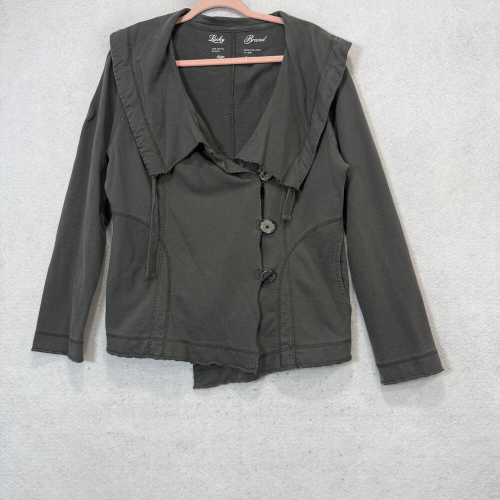 Lucky Brand Jacket Womens XL Green Cotton French Terry Hooded Button Front